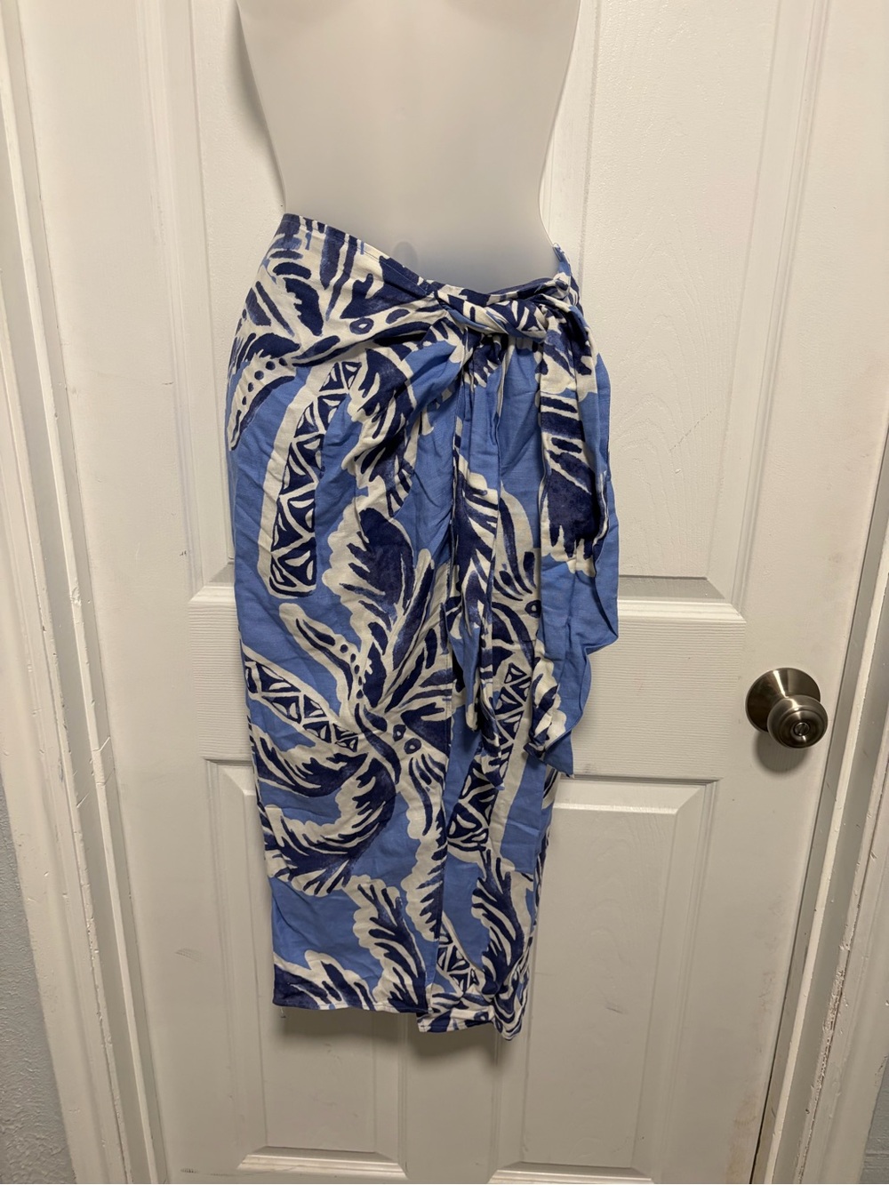 Blue White Tropical Print Wrap Skirt